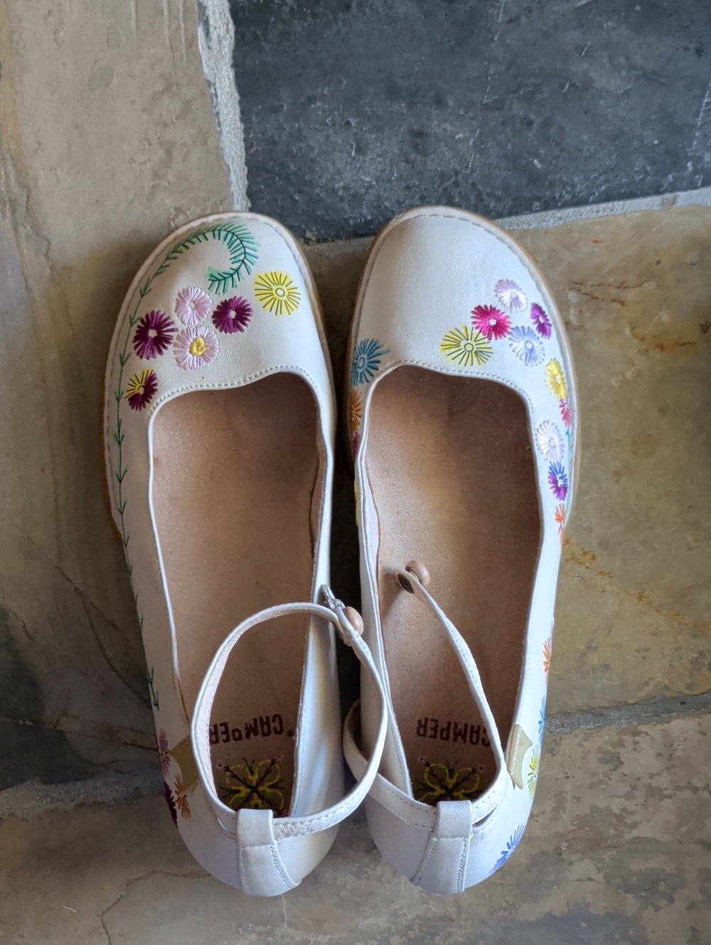 Camper White Floral Embroidered Heels, Ankle Strap